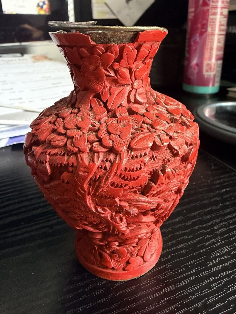 Vintage Carved Chinese Red Laquer Cinnabar Small Vase
